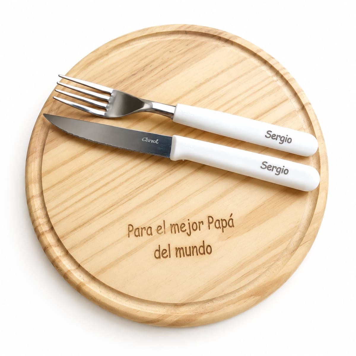 Plato de Pino Redondo Personalizado + Cubiertos Carol x2 - producto personalizado y sublimado (imagen 1)